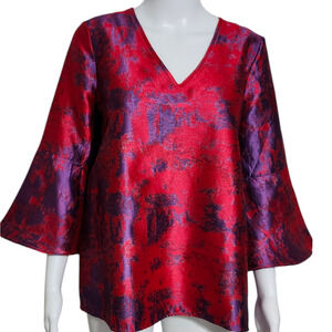 Tuckernuck Small Red Purple Raspberry Jacquard Blouse Top 3/4 Bell Sleeves